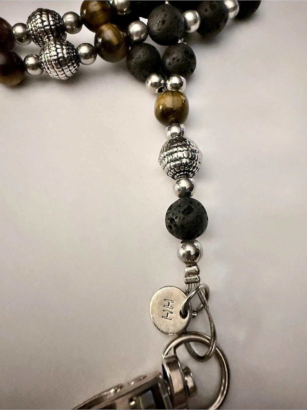Tiger Eye Beaded Lanyard in Silver, Black & Brown - Picture 5 of 9